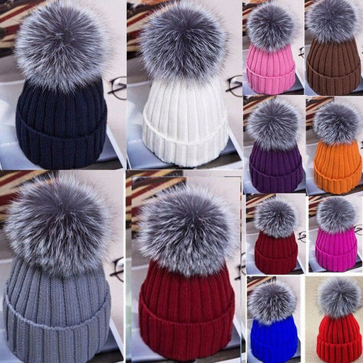 Womens Hat Winter Fox Fur Pom Pom Knit - Great Stuff OnlineGreat Stuff Online